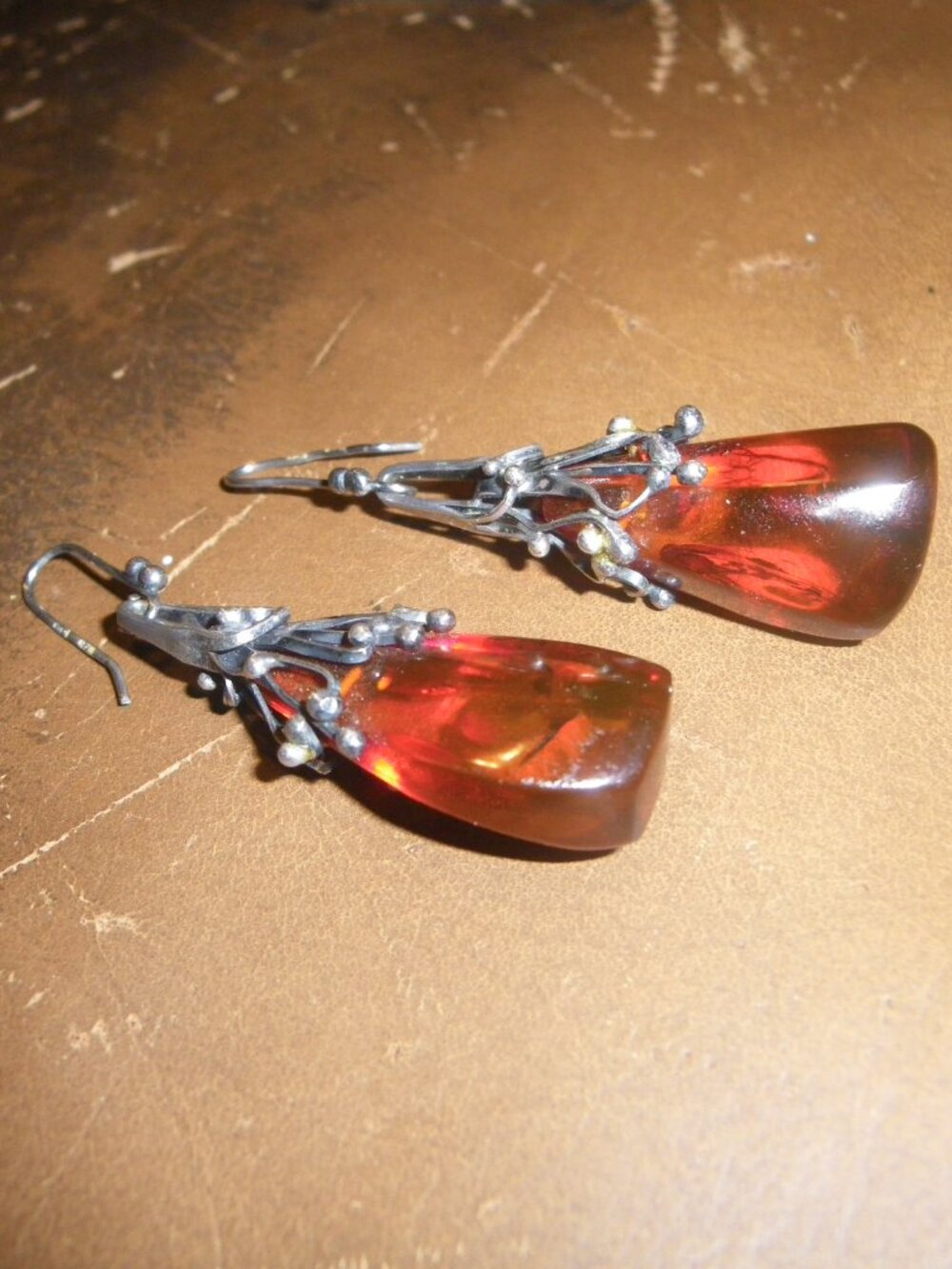 Women’s Sterling Silver Dangling Earrings w/ Big Thick Baltic Amber Gemstones - Picture 3 of 3